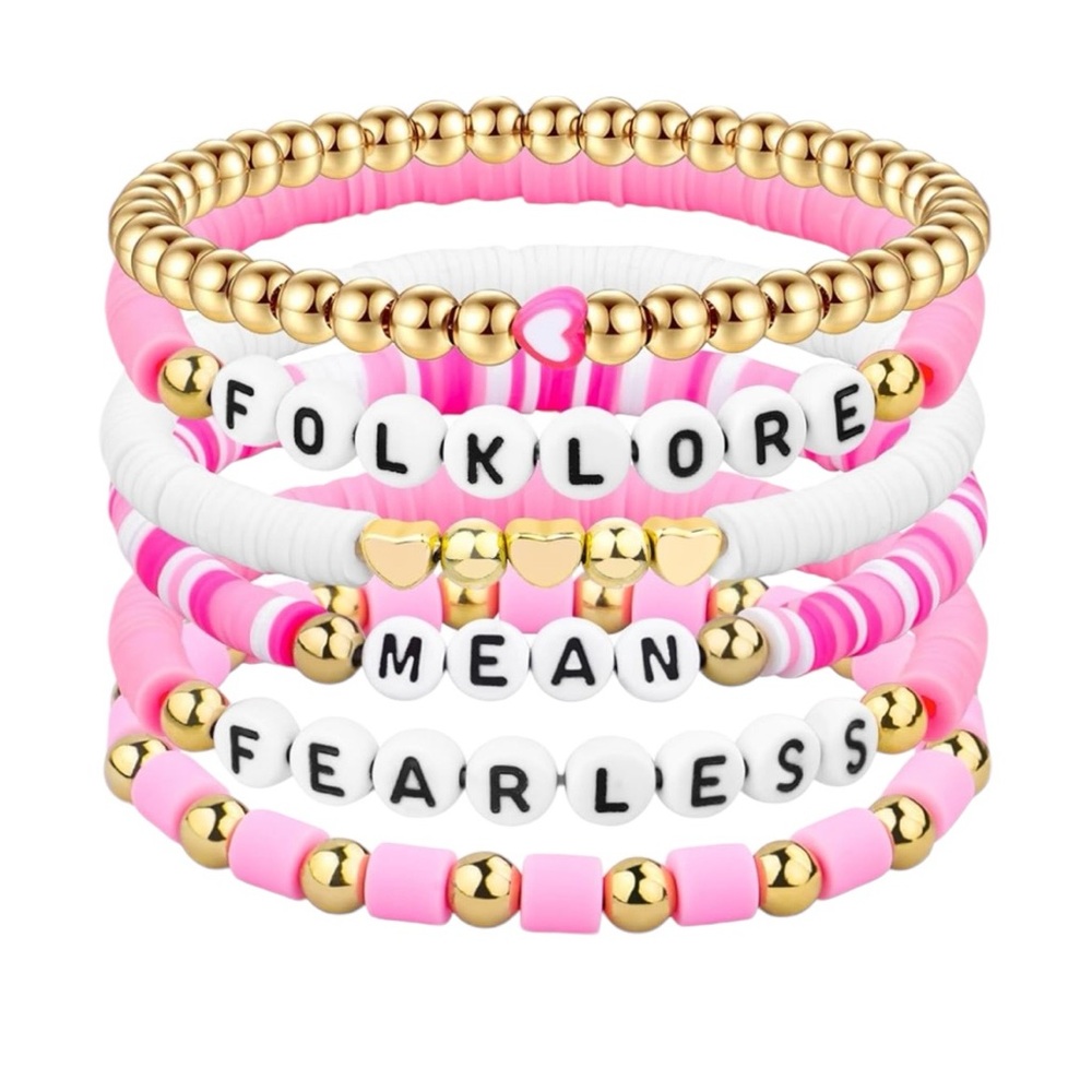 Folklore Pink Friendship Bracelets Set of 6 Elastic Beaded Swiftie Bracelets - Picture 2 of 3